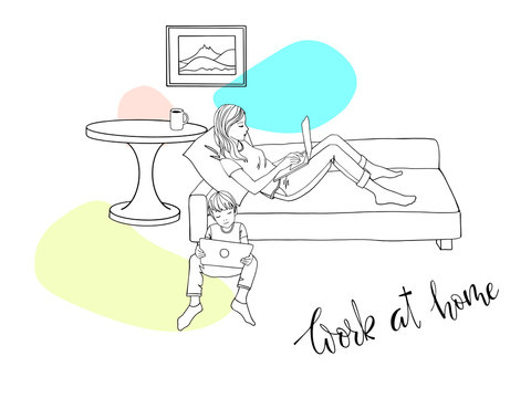 The mom works at home because of quarantine. Sketch style. Line art. Girl sitting on a sofa with a laptop. Freelancer works from home. The danger of coronavirus. Everyone should stay home