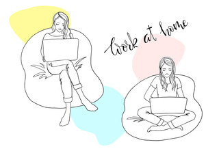 Two young girls working at home because of quarantine. Sketch style. Line art. Girl sitting on a sofa with a laptop. Freelancer works from home. The danger of coronavirus. Everyone should stay home