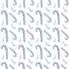 hand drawn watercolor seamless pattern of blue christmas candies on a white background.
