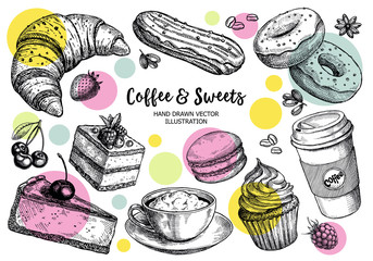 Sketch set of dessert. Pastry sweets collection. Hand drawn vector illustration.