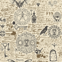 Vector seamless pattern on a theme of alchemy in vintage style. Abstract background with hand-drawn sketches, ancient alchemical symbols, ink blots and unreadable scribbles imitating handwritten text - obrazy, fototapety, plakaty