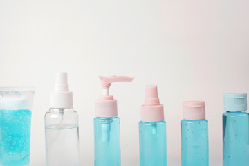 Alcohol gel and alcohol spray in plastic bottle for Cleaning Hand on white background, copy space, Basic self-defense equipment corona Virus                              