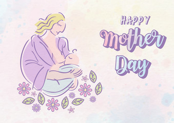 Woman with newborn baby sucking breast milk and decorate flowers, wording of Mother day, All on colorful watercolor pattern background. Greeting Card and poster of Mother Day in vector design.