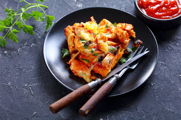 South American cuisine chicken tamale pie,close-up