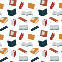 Seamless pattern with different colorful books on white background. Back to school, literacy, library, reading, education, teaching, learning concept. Vector illustration.