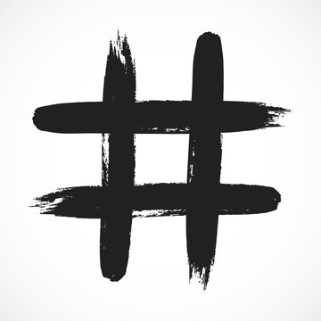 Hashtag hand drawn brush stroke dirty art symbol icon sign isolated on white background. Black and white composition of the symbol hashtag.