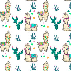 pattern llama with cactus. hand drawn digital art. Most suitable illustration for the design of cards, posts, textiles