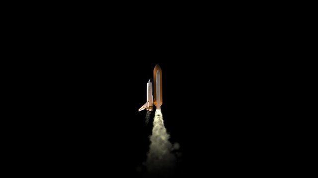 Launch of space shuttle atlantis 3D render animation isolated on black background.