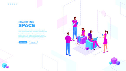 Trendy flat illustration. Open space Coworking page concept. Office workers planing business mechanism, analyze business strategy and exchange ideas.Template for your design works. Vector graphics.