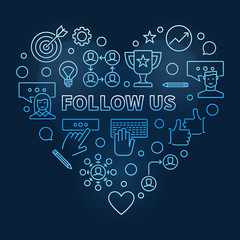 Vector Follow US concept thin line blue heart illustration on dark background