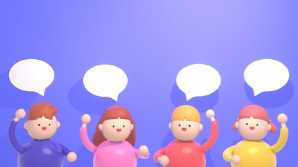 3d render cartoon group of people and speech bubbles.