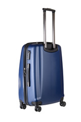 blue plastic suitcase on wheels for travel