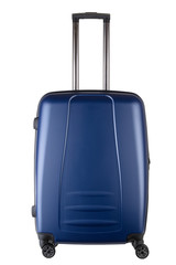 blue plastic suitcase on wheels for travel