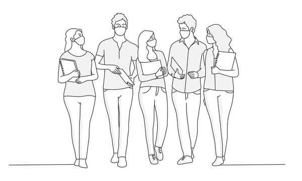 Group of people with protection mask. Contour drawing vector illustration. Line art. 