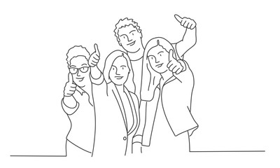 Group of people making thumbs up. Contour drawing vector illustration. Line art.