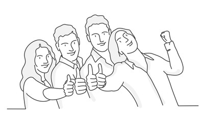 Group of people making thumbs up. Contour drawing vector illustration. Line art.