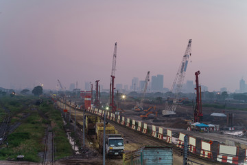 Construction site of Bangsue grand station Bangkok metropolitan  ,largest railway station in Southeast Asia and  600 metre long platforms, Thailand, October 2013