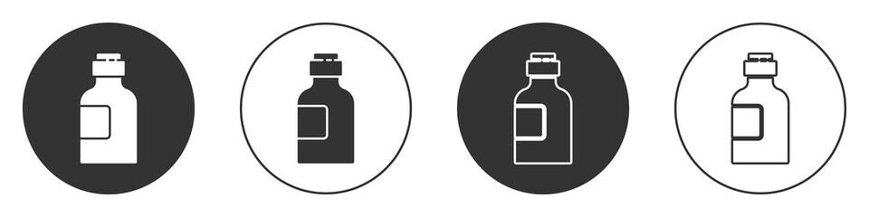 Black Bottle of medicine syrup icon isolated on white background. Circle button. Vector Illustration