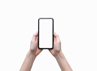 Close-up of hand holding black smartphone isolated on white background.