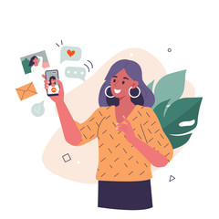 Young Woman use Smartphone and Surfing in Social Media. Girl Chatting, Watching Video, Liking Photos and Make Video Call with Friends in Mobile App. Flat Cartoon Vector Illustration.