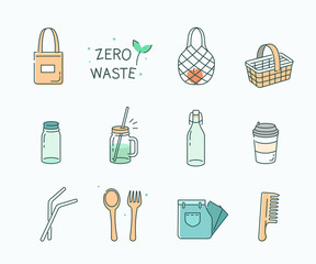 Zero Waste Lifestyle Icons. Eco Friendly, No Plastic, Reusable and Recycle items. Glass Jars and Bottles, Eco Bag, Wooden Brush, Second Hand Clothes. Go Green. Flat Line Cartoon Vector Illustration.