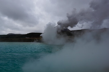 Fototapeta na wymiar Blue volcanic lake and hor spring in Krafla caldera in North Iceland 
