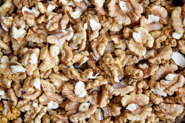 Walnuts background. Kernels walnuts without shell. Top view. Vegetarian or healthy eating. Vegetarian or healthy eating.