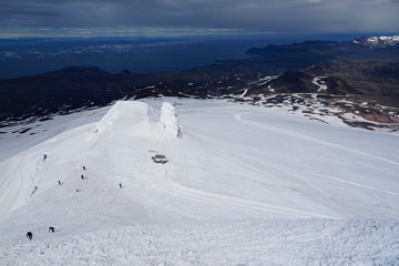 View towards the glacier top of Snaefellsjokull volcano on Snaefellsnes peninsula in Westfjords in Iceland
