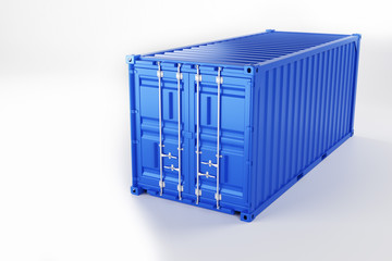 A high quality image of a blue 20ft shipping container on a white background. Twenty foot sea shipping container 3d render