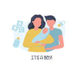 Mother holding baby boy in hands. Father hugs little baby and wife. Reaveal party and baby shower concept, Happy family. Cute vector illustration in flat style.