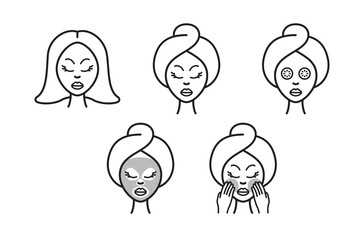Cosmetic procedures. Cosmetic mask for the face. Girl in a beauty salon.  Linear vector illustration in a flat style.