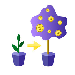 Investor watering money tree, deposit investment metaphor. Simple flat illustration of the concept of deposit