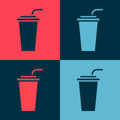 Pop art Paper glass with drinking straw and water icon isolated on color background. Soda drink glass. Fresh cold beverage symbol. Vector Illustration