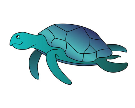 Turtle. Sea turtle is swimming - vector full-color picture in cartoon style and green-blue colors. Vector cartoon bug for illustrations on the theme of the underwater world of the oceans.
