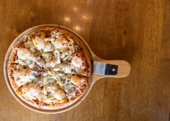 Seafood Pizza On a wooden tray