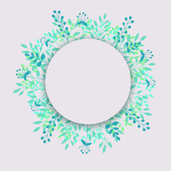 Floral frame. Background. Blue leaves. Circle frame. 