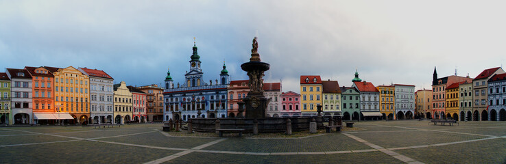 Fototapeta na wymiar „Ceske Budejovice“ square extra wide panorama in the Czech Republic, South Bohemia