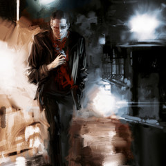 Vampire surrounded by mist. Halloween symbol. Dark street.