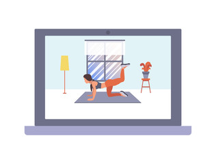 A girl trainer is doing sport on a laptop screen. Vector flat illustration of fitness workout, training, sports activity, the gym at home by thу online platform, program, live video