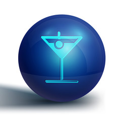 Blue Martini glass icon isolated on white background. Cocktail icon. Wine glass icon. Blue circle button. Vector Illustration