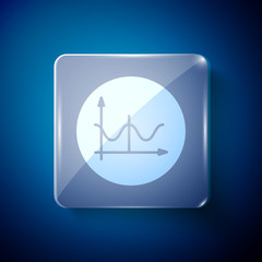 White Graph, schedule, chart, diagram, infographic, pie graph icon isolated on blue background. Square glass panels. Vector Illustration