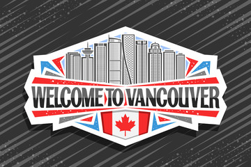 Vector logo for Vancouver, white decorative label with line illustration of vancouver city scape on day sky background, tourist fridge magnet with unique letters for black words welcome to vancouver.
