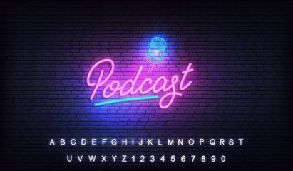 Podcast neon sign. Glowing podcast lettering template - obrazy, fototapety, plakaty