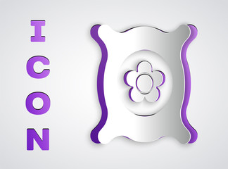 Paper cut Pack full of seeds of a specific plant icon isolated on grey background. Paper art style. Vector Illustration