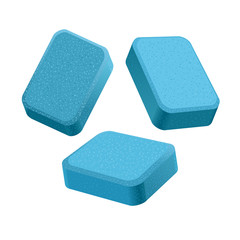 Dishwasher detergent tablet from different angles. Blue soap tabs isolated on white background.