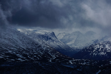 View from Eggjapiken peak towards Boverdal valley with Bovra river and Galdhopiggen near Lom in Norway
