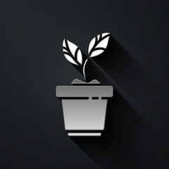 Silver Plant in pot icon isolated on black background. Plant growing in a pot. Potted plant sign. Long shadow style. Vector Illustration