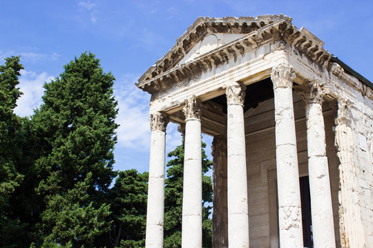 Facade of Temple of Augustus (Augustov hram), a well-preserved Roman temple in Forum Square in the city of Pula, Croatia