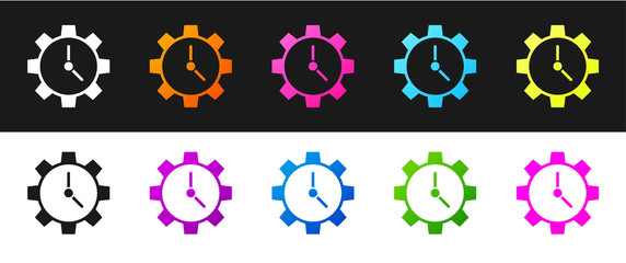 Set Time Management icon isolated on black and white background. Clock and gear sign. Productivity symbol. Vector Illustration
