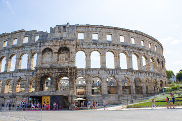Facade of the Pula Arena, the only remaining Roman amphitheatre entirely preserved, in Pula, Croatia